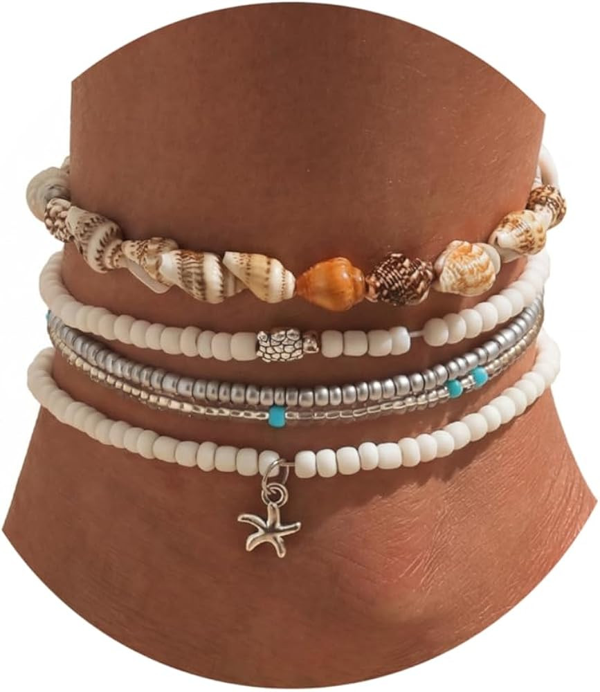 Qceasiy Bead Ankle Bracelets Set For Women, Adjustable Gold Plated Boho Shell Anklet, Hawaiian Be... | Amazon (US)