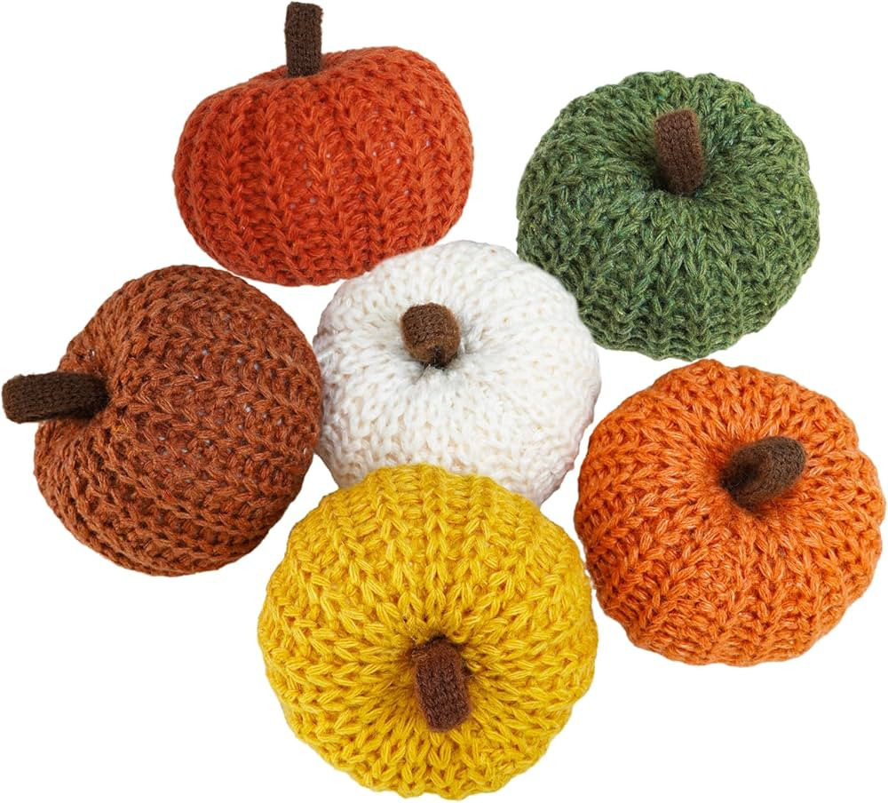 Winlyn Set of 6 Faux Fall Harvest Crochet Pumpkins Small Knit Pumpkins in Orange Yellow Green Bro... | Amazon (US)
