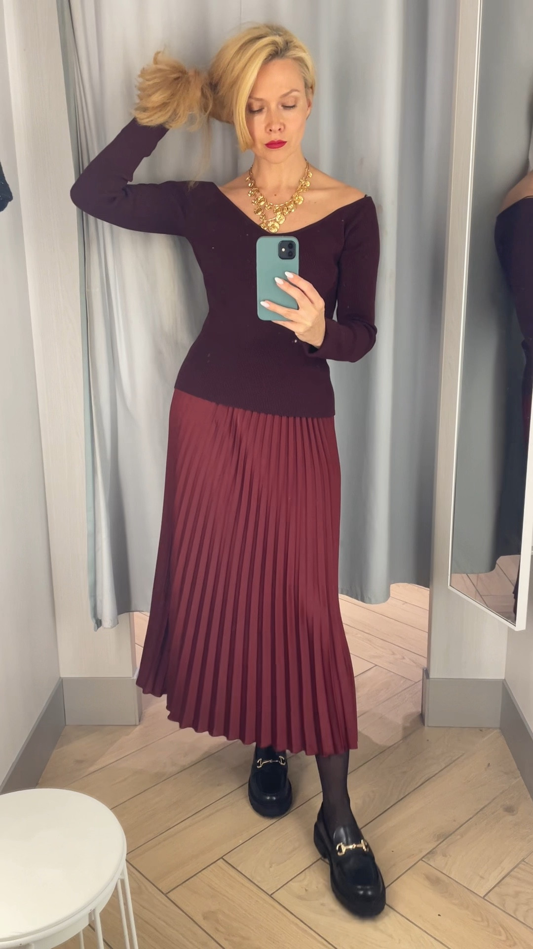 H&M. Continuing the Burgundy trend this season. A gorgeous pleated skirt in a stunning shade paired with a very comfortable top featuring a beautiful neckline that’s perfect for showcasing elegant jewelry. It accentuates the shoulders, elongates the neck, and exudes elegance. Even when styled with loafers, it still looks chic and refined.

#LTKWorkwear #LTKStyleTip #LTKOver40