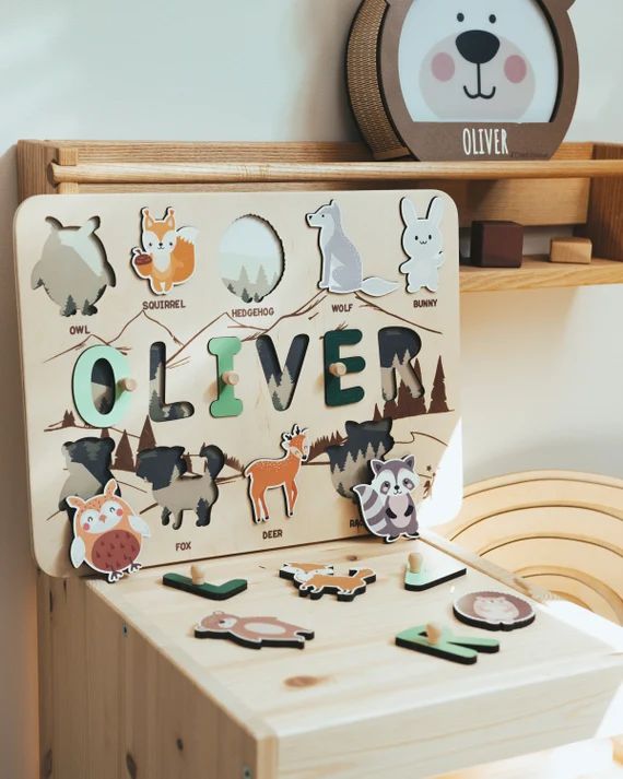 Name Puzzle with Animals - Woodland Nursery - Baby Boy Gift - 3rd Birthday Gift - Educational Toy... | Etsy (US)