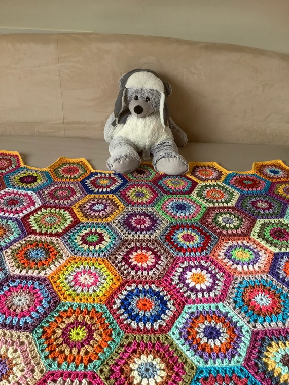 Bright Yellow Edged Hand Made Crochet Blanket Large Colourful - Etsy | Etsy (US)