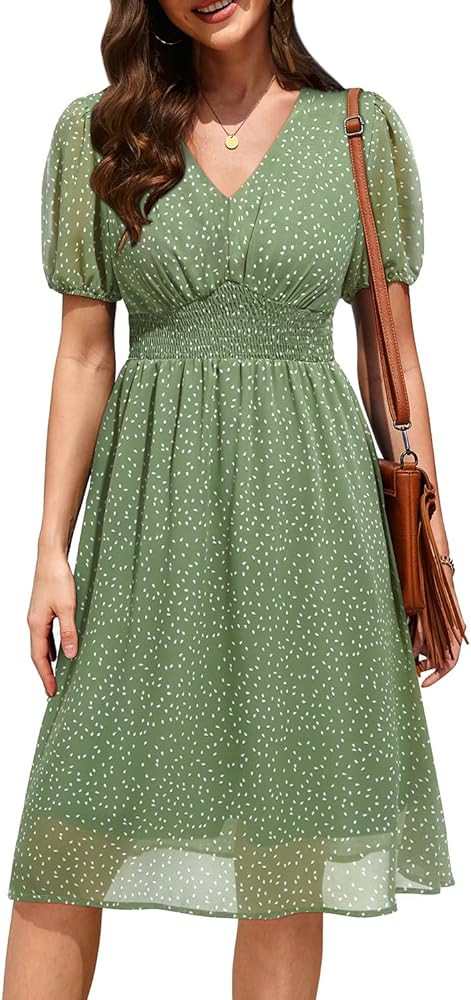 Holipick Women Summer Casual Dress Boho Floral V Neck Short Sleeves Smocked Waist Chiffon Swing K... | Amazon (US)