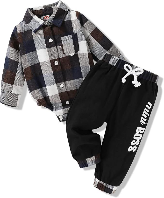 Baby Boy Clothes Newborn Long Sleeve Flannel Plaid Bodysuit + Mini Boss Pants Infant Fall Winter ... | Amazon (US)