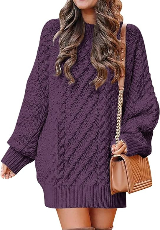 ANRABESS Women 2023 Fall Crewneck Long Sleeve Oversized Cable Knit Chunky Pullover Short Sweater ... | Amazon (US)