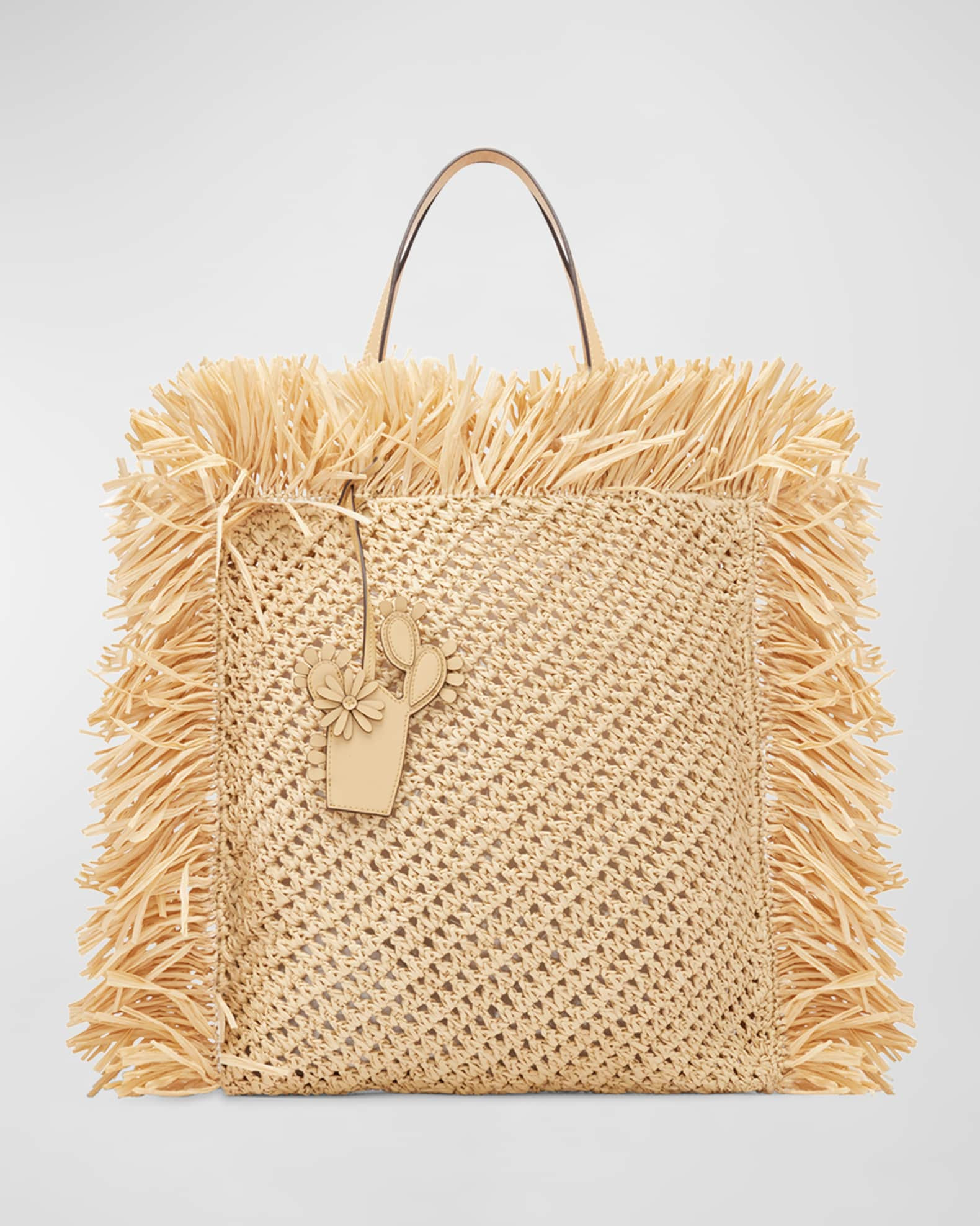 Fringe Flat Square Raffia Tote Bag | Neiman Marcus