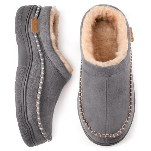 Zigzagger Men's Slip On Moccasin Slippers, Indoor/Outdoor Warm Fuzzy Comfy House Shoes, Fluffy Wide Loafer Slippers,Grey, 15 D(M) US | Amazon (US)
