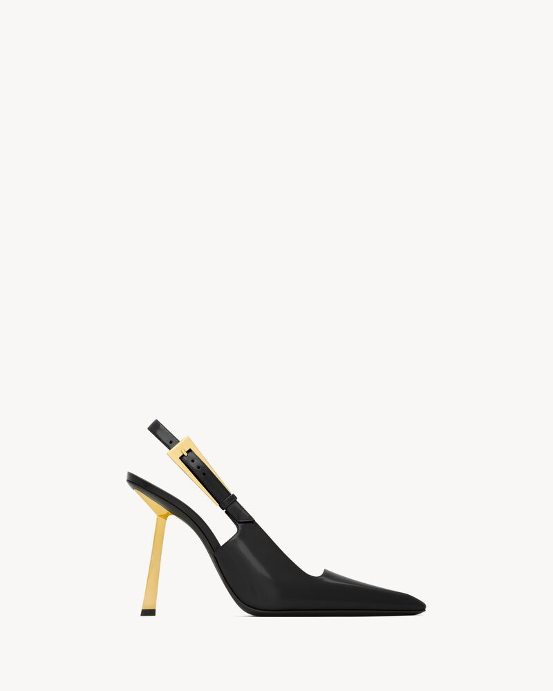 slingback pumps with a square pointed toe and gold-plated geometric stiletto heel, featuring a sq... | Saint Laurent Inc. (Global)