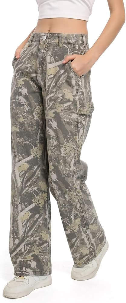 Women Camouflage Cargo Pants Straight Wide Leg Trousers Jeans with Pockets | Amazon (US)