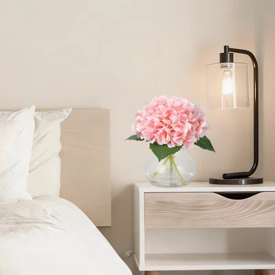 Hydrangea Artificial Flowers in Glass Vase with Faux Water, Fake Hydrangeas, Realistic Faux Silk Flowers for Home Office, Bathroom, Table Centerpiece | Wayfair North America