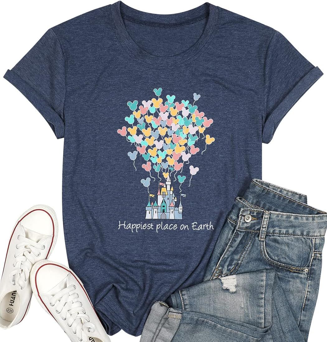 KIDDAD Happiest Place On Earth T-Shirt Women Castle Balloon Graphic Shirt Casual Short Sleeve Tri... | Amazon (US)