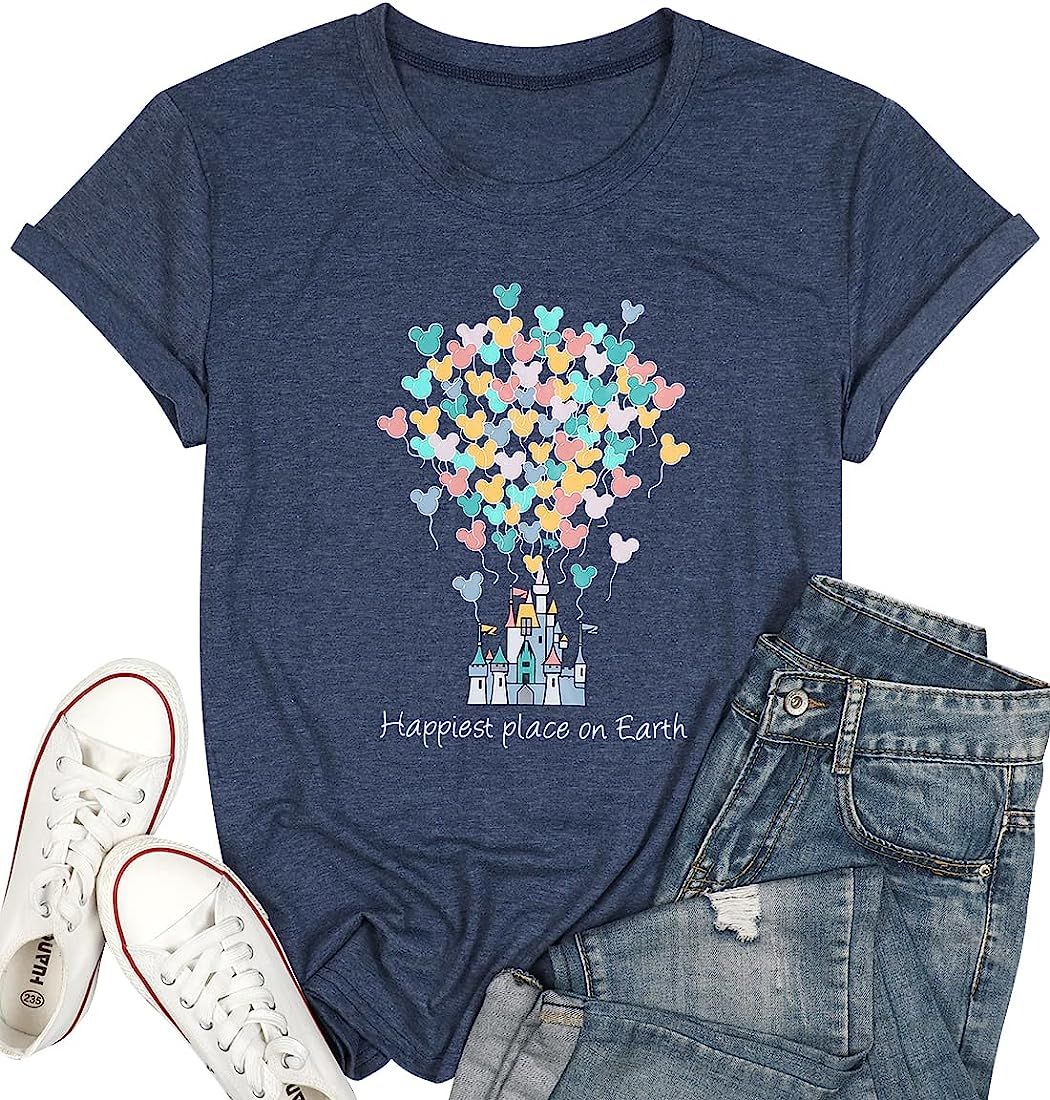 KIDDAD Happiest Place On Earth T-Shirt Women Castle Balloon Graphic Shirt Casual Short Sleeve Tri... | Amazon (US)