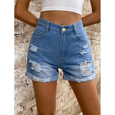 Women's High Waist Denim Shorts Distressed Rolled Hem Pocket Casual Button Shorts Blue S | Target