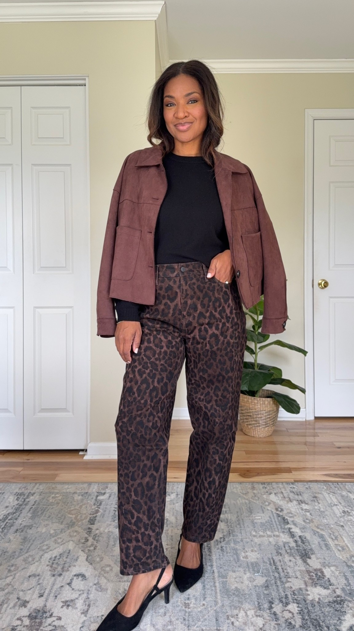 Ring a small or size 4 in the leopard print jeans. Wearing a small in the faux suede.
Jacket￼

#LTKgrwm #LTKootd #LTKOver40
