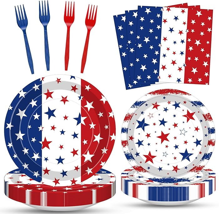 100 Pcs Patriotic Party Supplies Set, Serves 25 \u2013 Disposable Red White Blue Star Paper Plate... | Amazon (US)