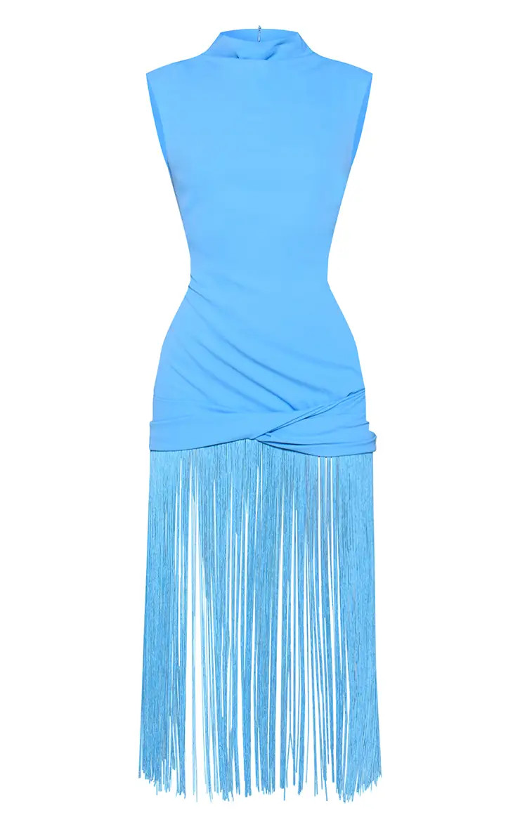 Blue Woven Fringe Detail Sleeveless Maxi Dress | PrettyLittleThing UK