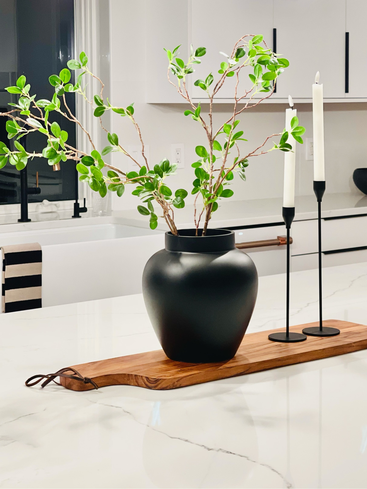 Kitchen, kitchen island, table centerpiece, modern, matte black vase, neutral decor, live edge serving board, modern candlestick holders, candles, candlesticks, 

#LTKhome #LTKunder100 #LTKFind
