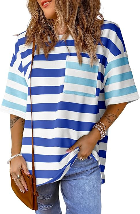 Womens Oversized Color Block Striped Tshirts Summer Casual Short Sleeve Tops Loose Fit Crew Neck ... | Amazon (US)
