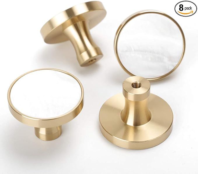 RZDEAL 8Pcs 1-1/4"(32mm) Solid Brass Kitchen Cabinets Knobs White Shell Decorated Gold and White ... | Amazon (US)