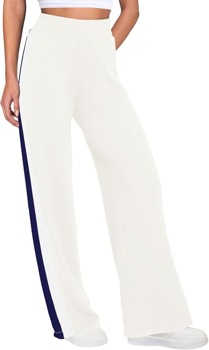 SENSERISE Women Sweatpants Color Block Wide Leg Track Pants High Waisted Side Striped Pants with ... | Amazon (US)