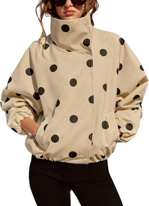 Women's Oversized Polka Dot Bomber Jacket Button Down Fall Coat | Amazon (US)