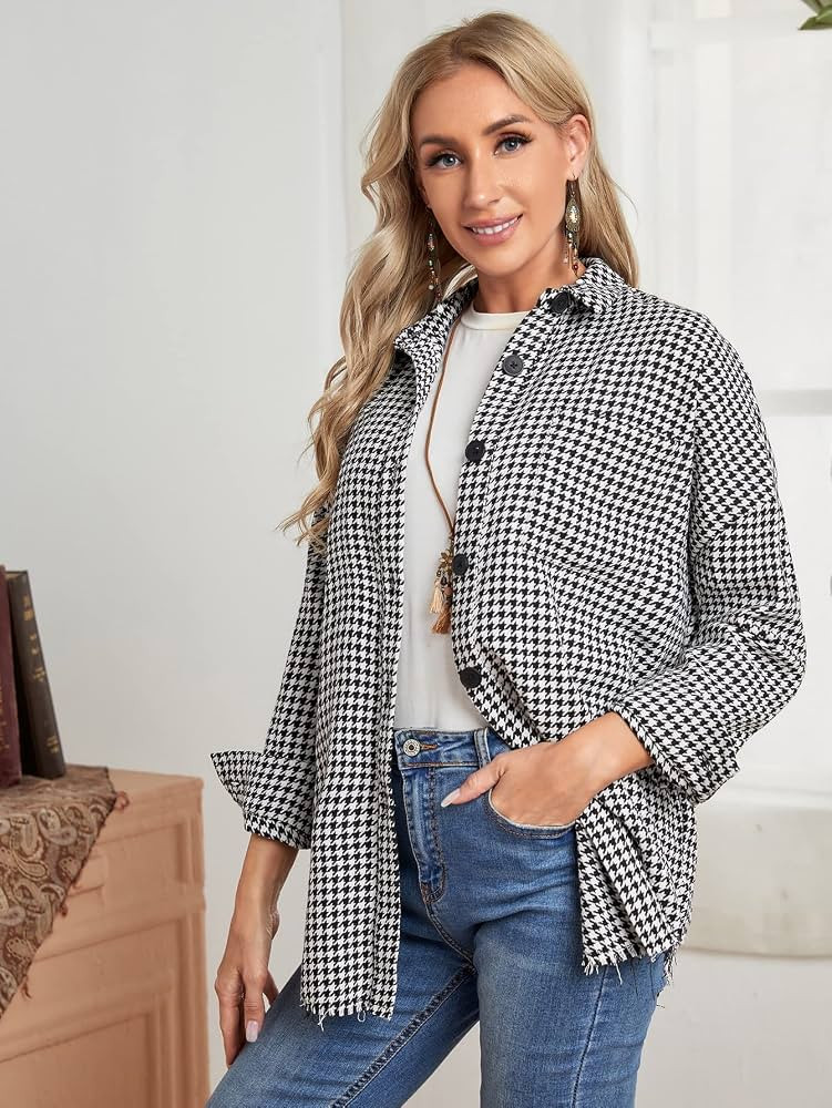 Houndstooth Drop Shoulder Pocket Front Coat (Color : Black and White, Size : Small) | Amazon (US)