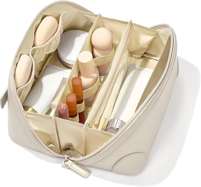 Travel Makeup Bag for Women, Large Capacity Waterproof PU Leather Flat Open Cosmetic Bag, Portabl... | Amazon (US)