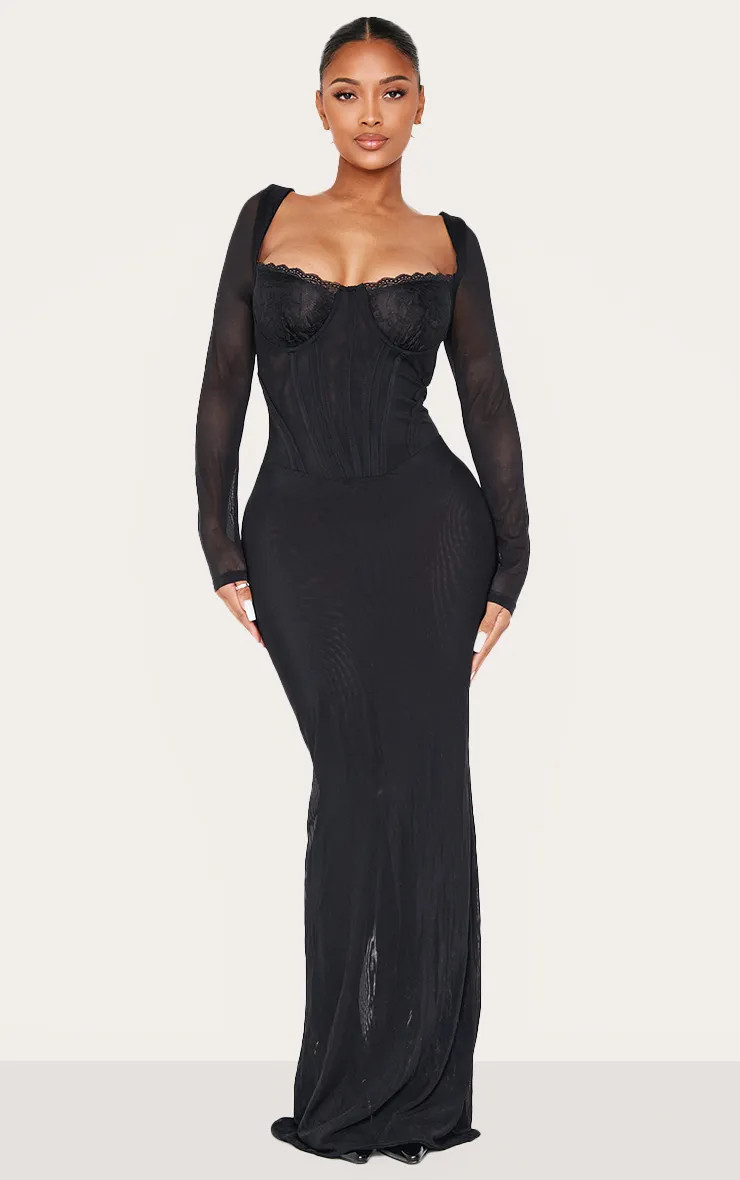 Shape Black Mesh Lace Insert Corseted Maxi Dress | PrettyLittleThing US