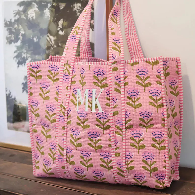 Embroidered Cotton Quilted Bag, Block Print Tote Bag for Women, Boho Travel Bag, Handmade Shoulde... | Etsy (US)