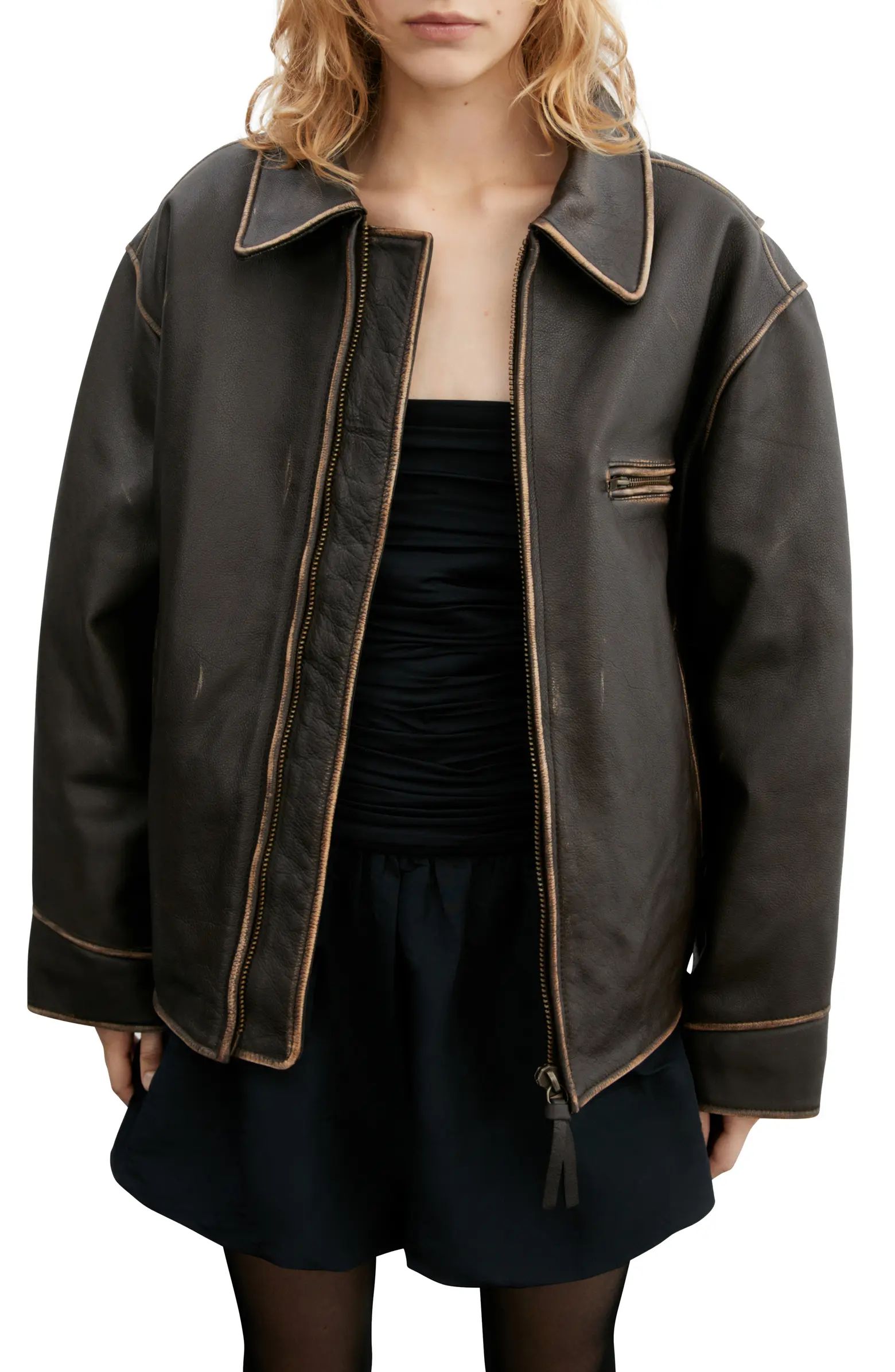 MANGO Oversize Distressed Leather Jacket | Nordstrom | Nordstrom
