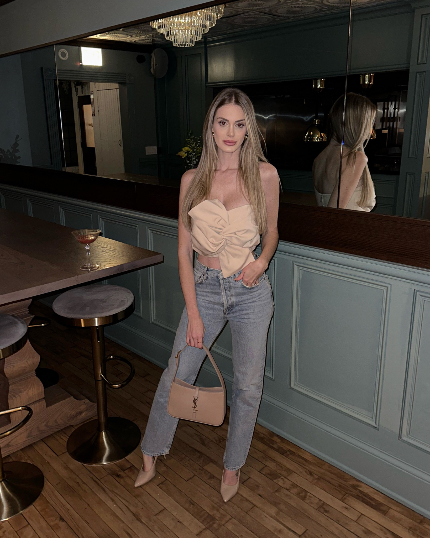 Night out, bowl top, crop top, neutrals, nude, denim, jeans, straight jeans, ysl, hobo 5a7, handbag, dinner, date, look, outfit, cocktail 

#LTKstyletip #LTKfit #LTKunder50