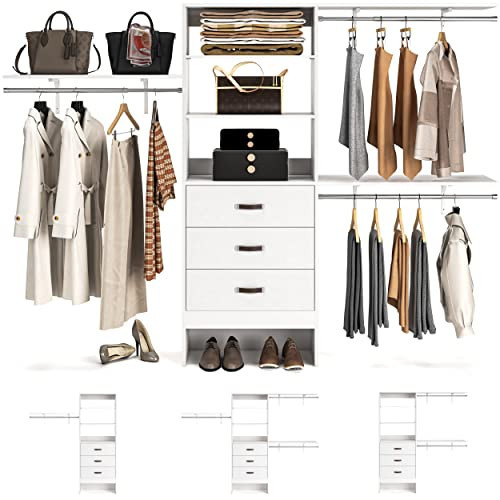 Armocity 96 Inches Closet System, 8FT Walk In Closet Organizer with 3 Shelving Towers, Heavy Duty Clothes Rack with 3 Drawers, Built-In Garment Rack, 96" L x 16" W x 75" H, Max Load 1000 LBS, White | Amazon (US)