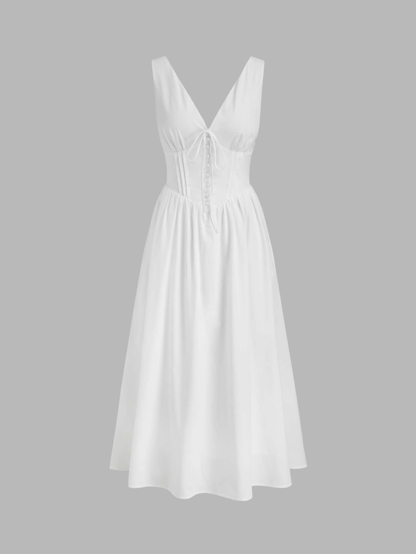 Woven 100%Cotton V-neck Pleated Knotted Maxi Dress For Date | Cider