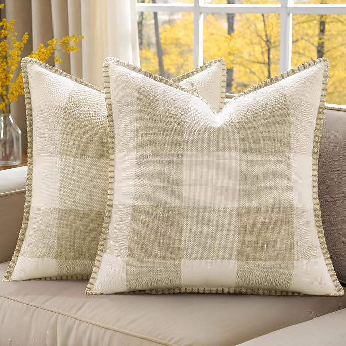 decorUhome Fall Plaid Linen Throw Pillow Covers 24x24 Set of 2 Cream White | Amazon (US)