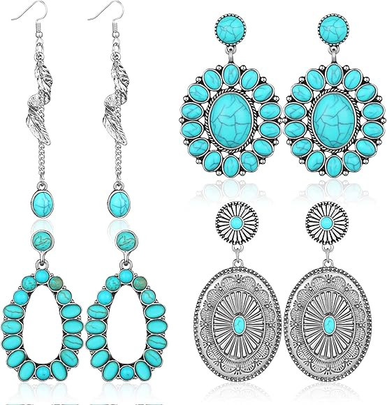 Bonuci 4 Pairs Turquoise Oval Earrings Vintage Western Drop Dangle Earrings Boho Jewelry for Wome... | Amazon (US)