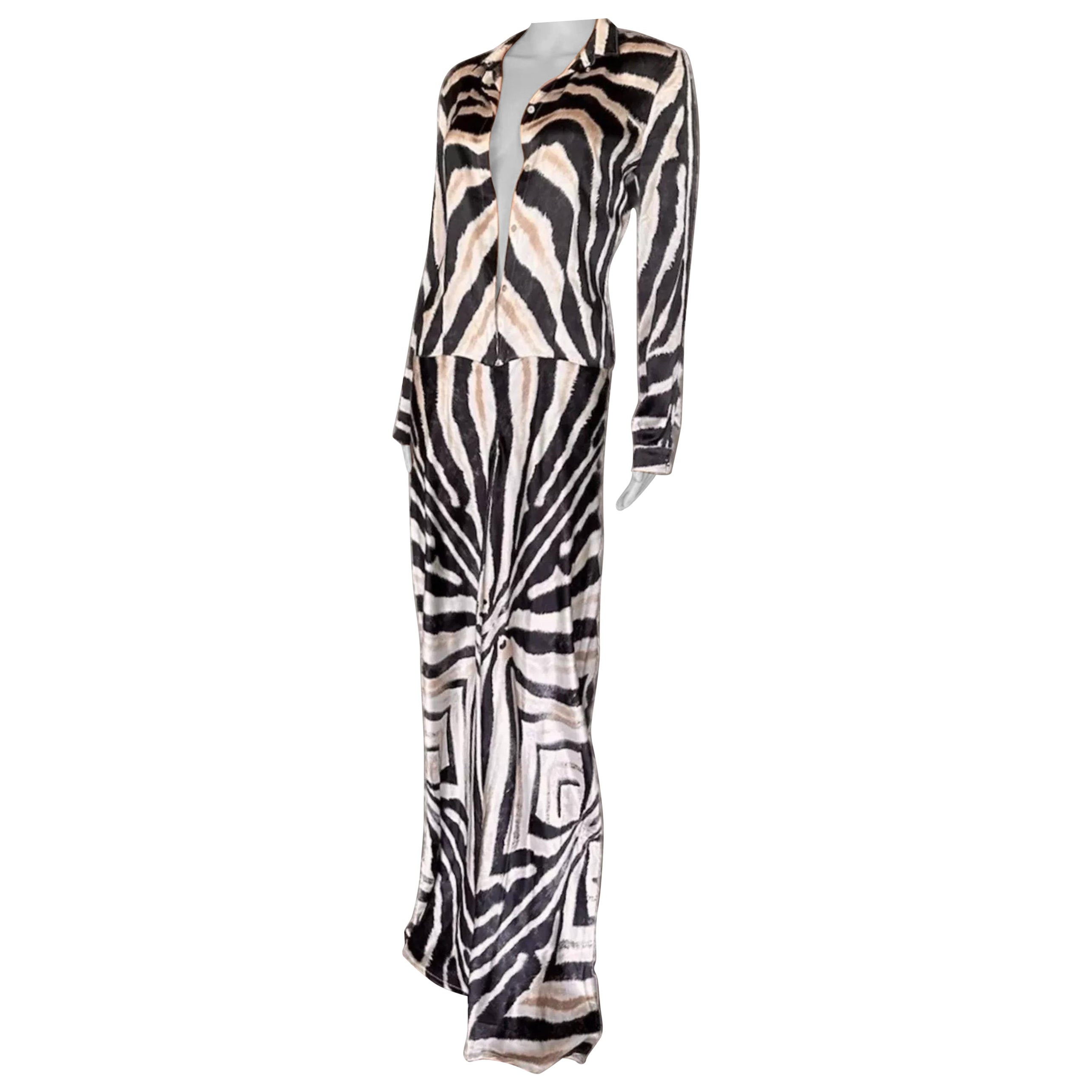 ROBERTO CAVALLI  Vintage 2000s Silk Zebra Animal Print Flared Jumpsuit IT 40 | 1stDibs