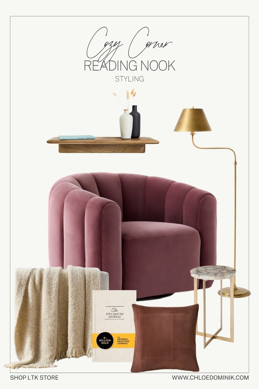 Cozy Reading Nook: Styling Idea One 
Beautiful channeled velvet chair in with a cream Boucle throw and patchwork chenille cushion. With gold floor lamp and agate side table.

#LTKhome