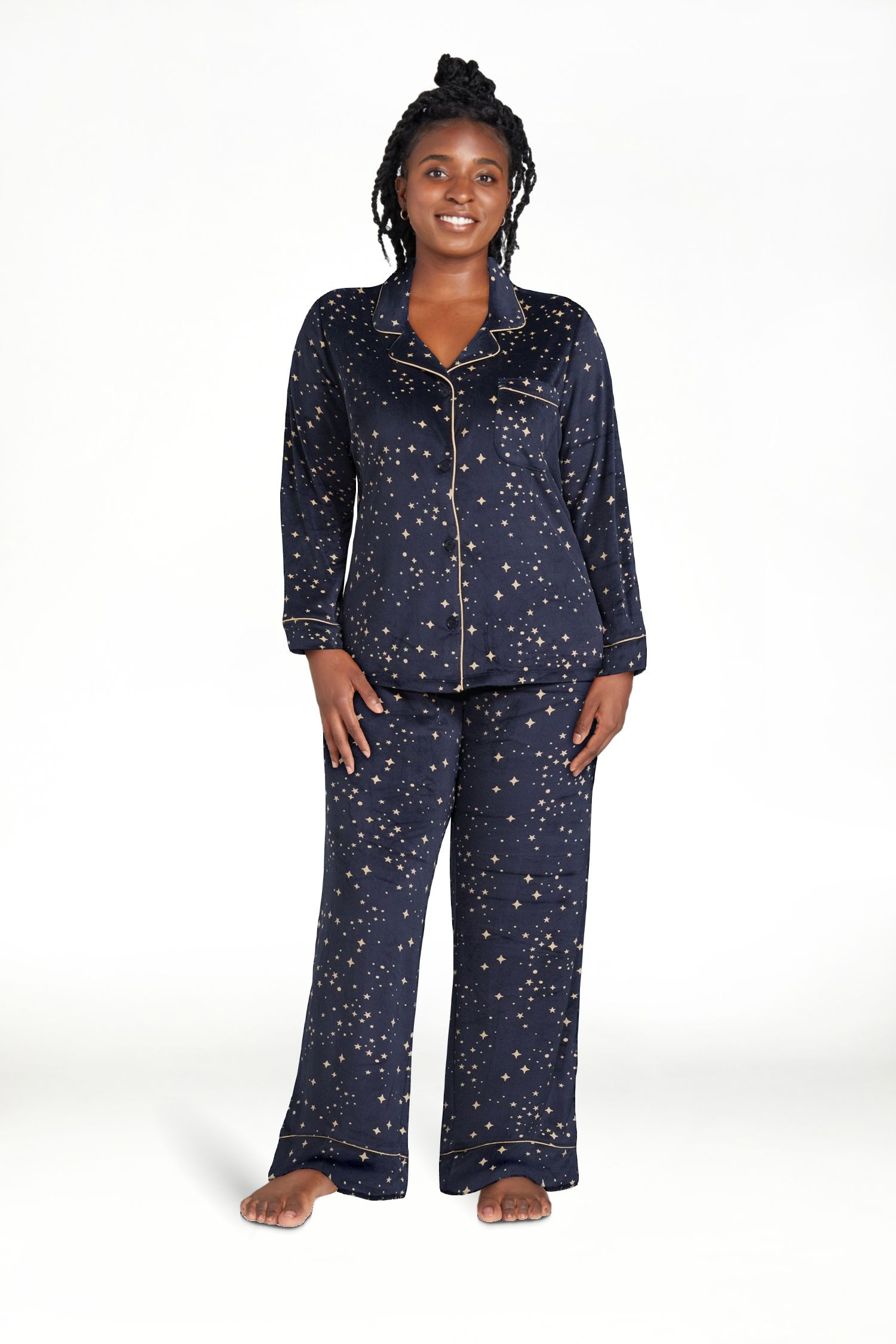 Joyspun Women’s Stretch Velour Notch Collar Top with Pants, 2-Piece Pajama Set, Sizes S to 3X | Walmart (US)