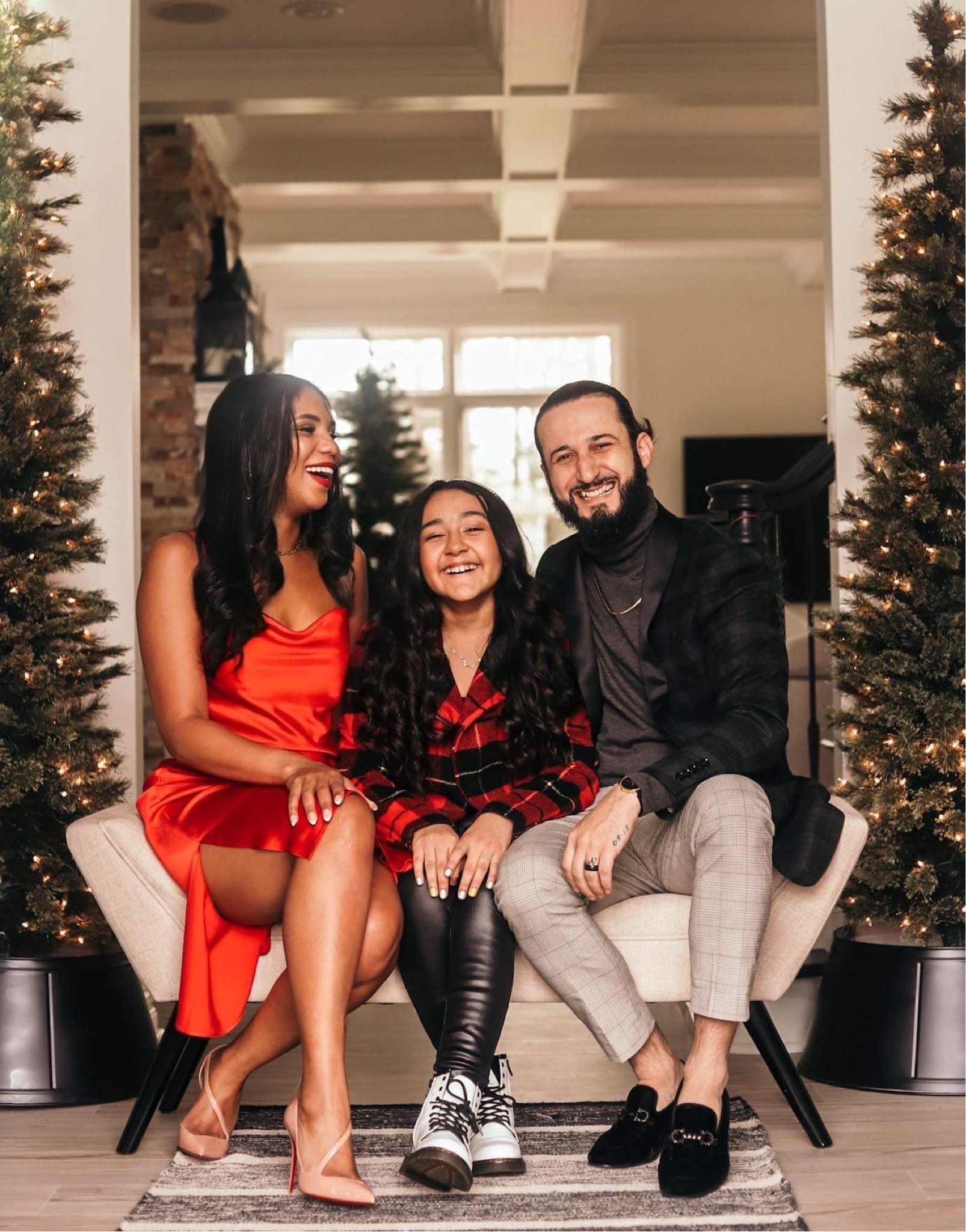 Family Christmas picture outfit ideas! High - Low Look. Red and black color scheme. We did a silk red dress for me and plaid jackets for both my husband and step daughter. Low: our outfits are a mix of Express, H&M, Banana Republic and Forever 21. Some Exact pieces are no longer available, tagging similars. High: husband is wearing Ferragamo loafers, I’m wearing nude Louboutin heels and my step daughter is wearing Dr. Martens. Tagged as many exacts as possible. 

#LTKHoliday #LTKSeasonal #LTKfamily