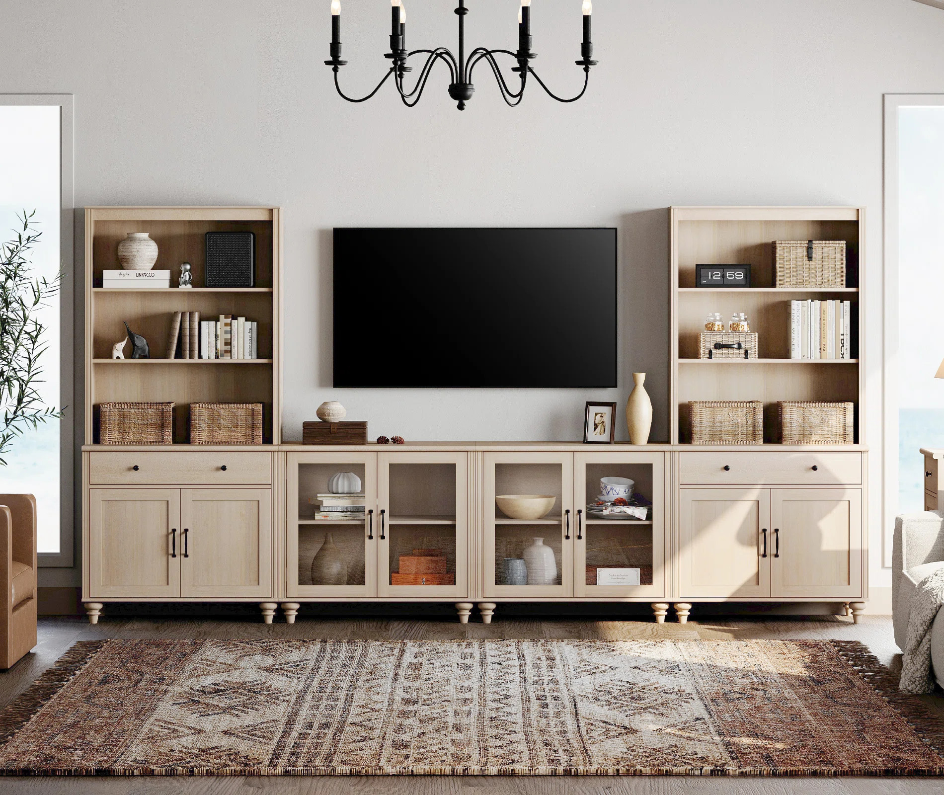 Scarlett Entertainment Center With Bookshelves For Tvs, Farmhouse Wall Unit TV Stand With Glass D... | Wayfair North America