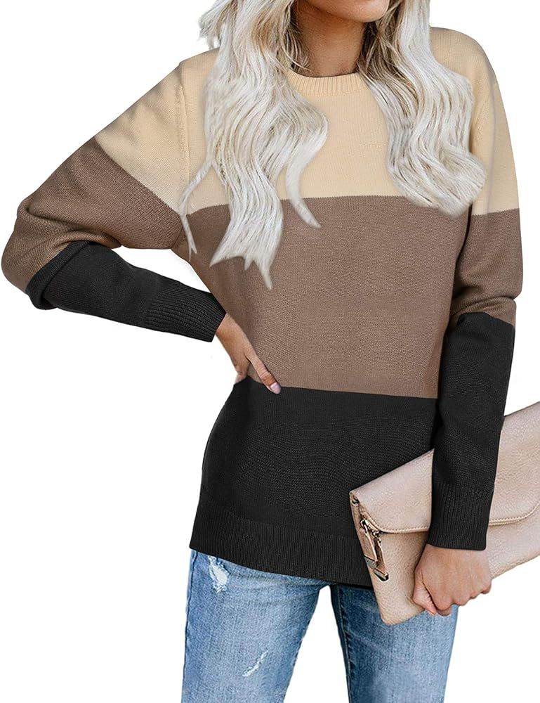 STYLEWORD Women's Long Sleeve Color Block Knit Fall Sweater Crew Neck Casual Pullover Jumper Tops | Amazon (US)