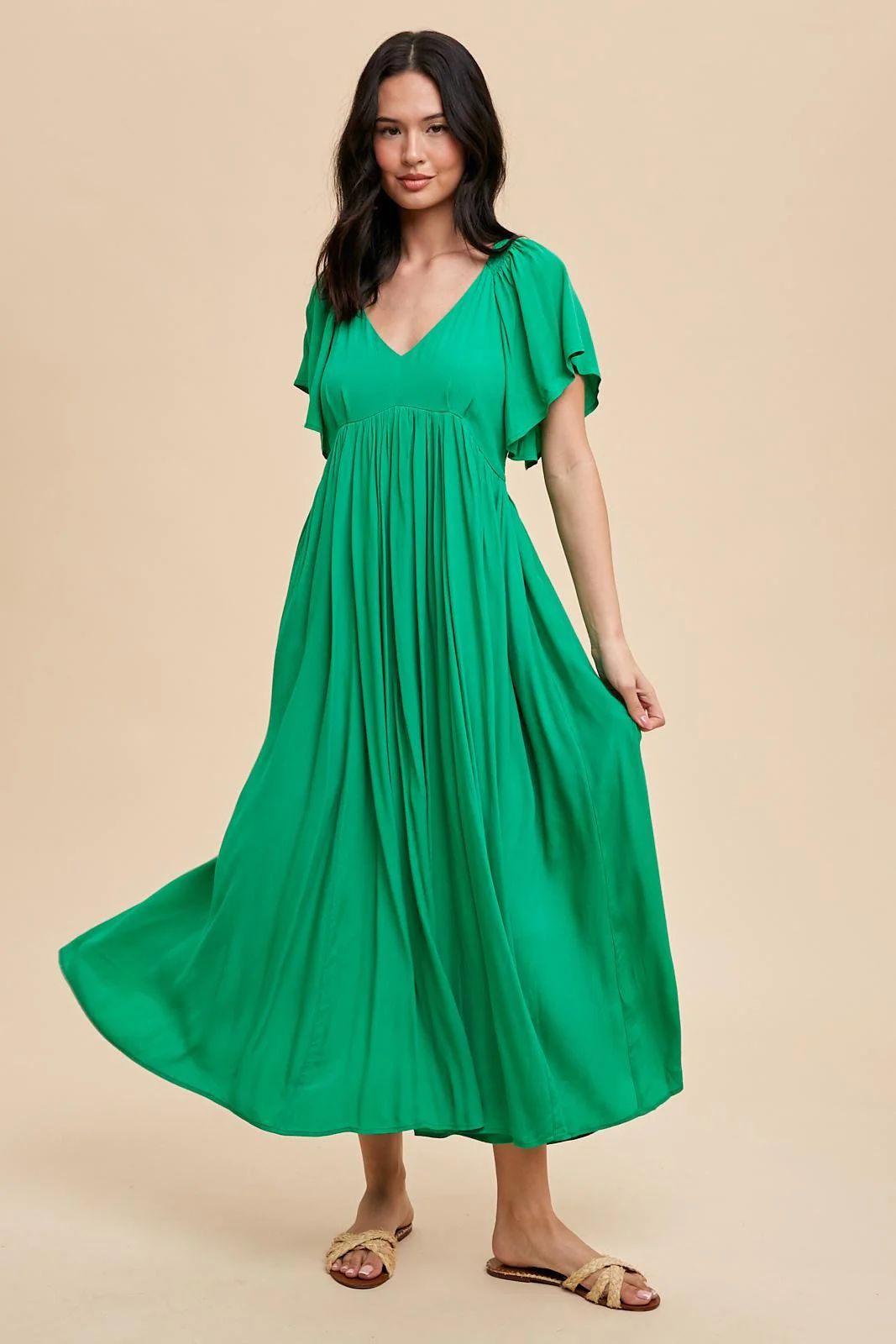Green V-Neck Flutter Short Sleeve Maternity Midi Dress | PinkBlush Maternity