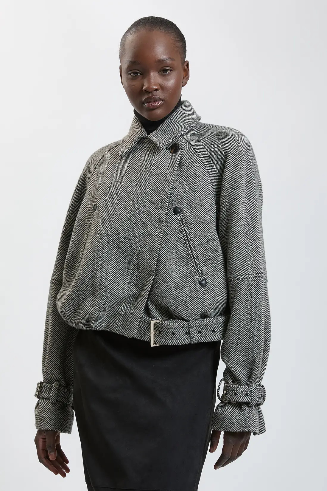 Wool Herringbone Short Trench Coat | Karen Millen