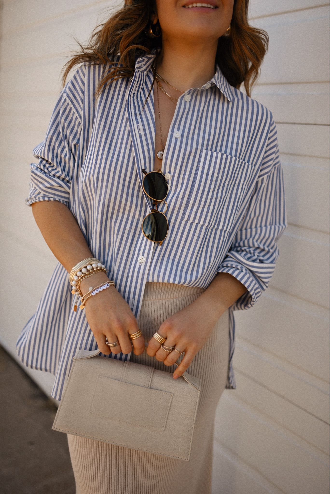 The perfect stripe button down shirt! 
It runs tts. I’m wearing size xs
Skirt size xs


#LTKxMadewell #LTKstyletip #LTKitbag
