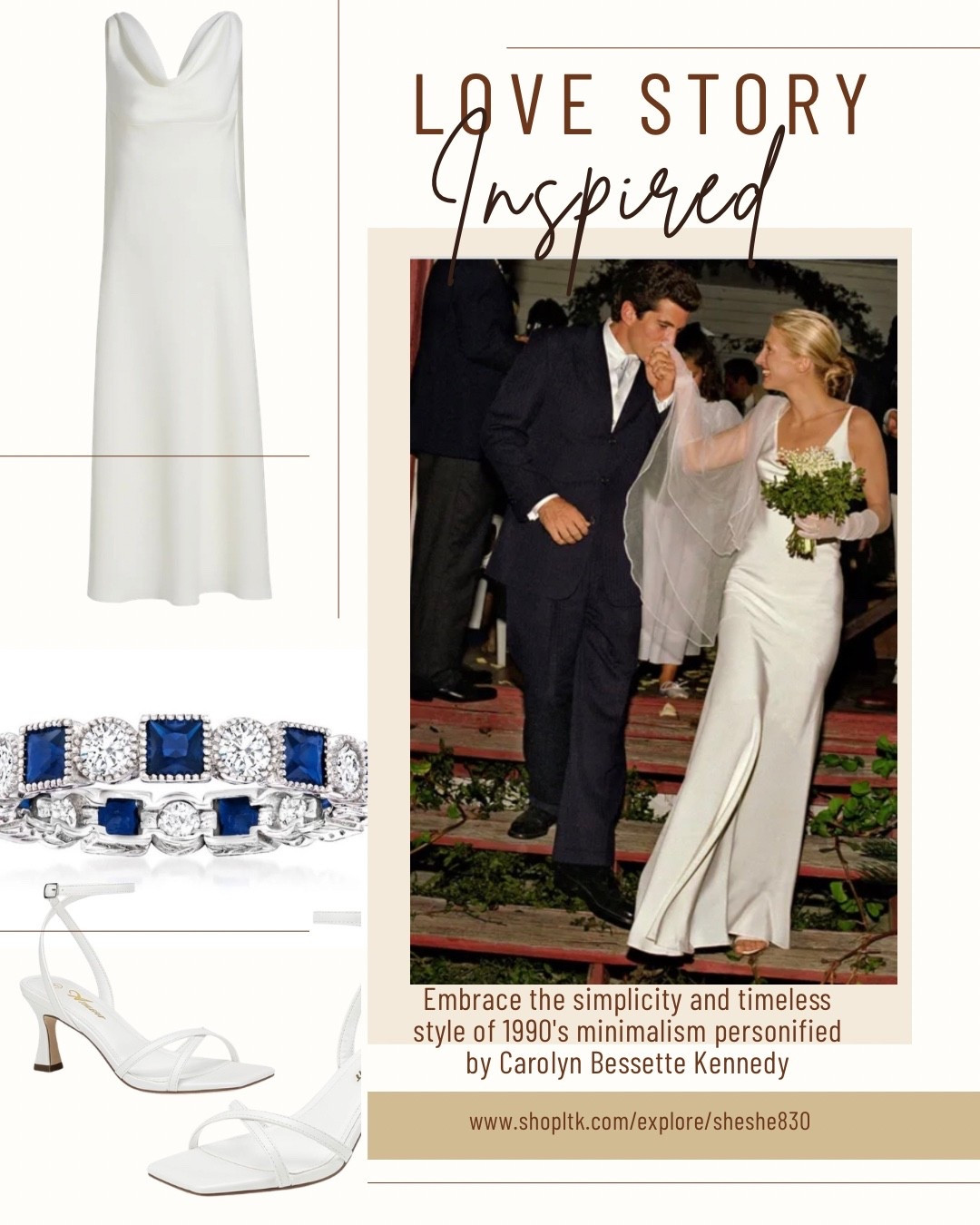 Here is another " Love Story"/ Carolyn Bessette Kennedy inspired post.
This one was requested by a follower (Hi Amelia!!).
CBK's wedding dress was revolutionary for the mid 1990's.
Everything up until that point was still quite similar to the '80's. Puffy and ornate. Carolyn changed the game with this dress made my her dear friend Narcisco Rodriguez.
Her exact shoes are still available, them and a less expensive option are linked.

Wedding, bride, bridal fashion, Kennedy, JFK JR

#LTKTravel #LTKWedding #LTKstorytime