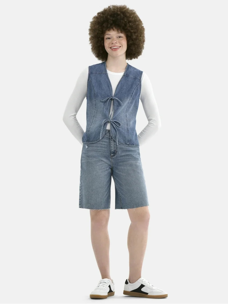 No Boundaries Cotton Denim Vest with Self Ties, Women's | Walmart (US)