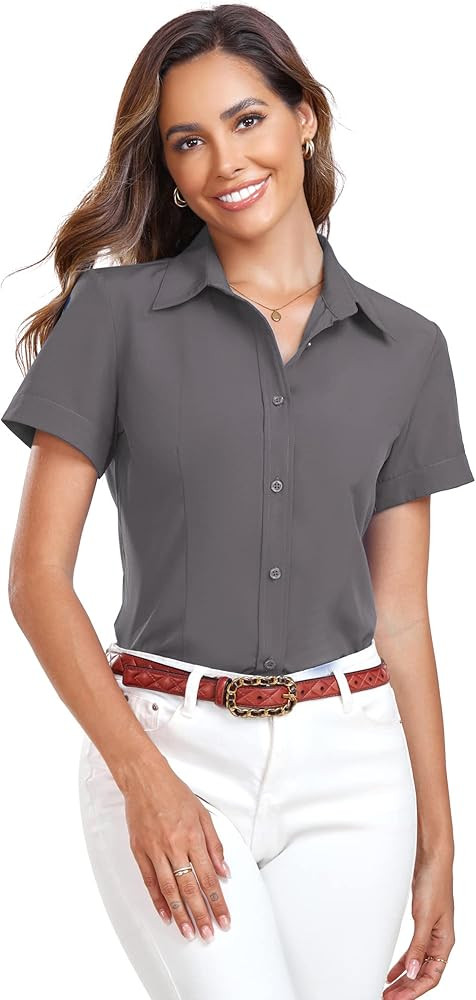 Atnlewhi Womens Button Down Shirts Short Sleeve Business Collared Work Office Formal Casual Blous... | Amazon (US)