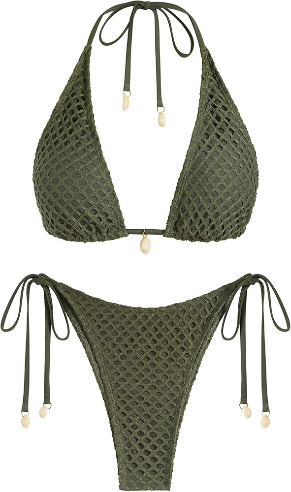 ZAFUL Women's Triangle Bikini Multiway Fishnet Tie Side Bandeau Halter String Bikini Set Two Piec... | Amazon (US)