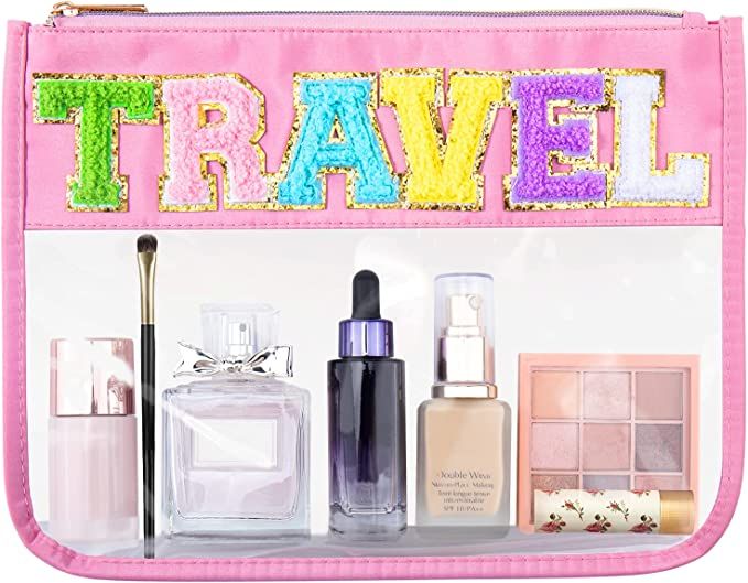 BABORUI Preppy Makeup Bag, Chenille Letter Patches Bag Travel Toiletry Bag with Zipper, Pink Port... | Amazon (US)