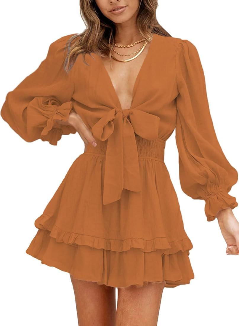 AlvaQ Womens Spring Summer Knot Front V Neck Ruffles Long Sleeve Floral Print Swing Mini Dress | Amazon (US)