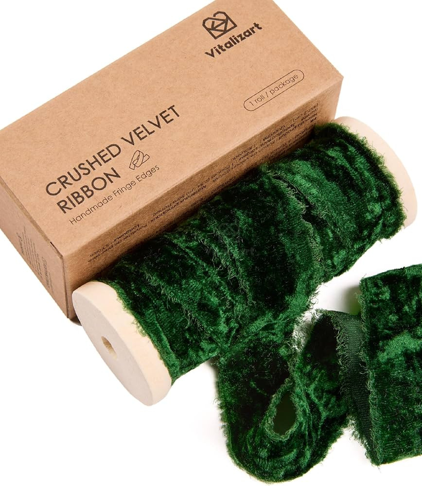 Vitalizart Green Velvet Ribbon 1" Christmas Handmade Frayed Edges Glossy Emerald Green Ribbon for... | Amazon (US)